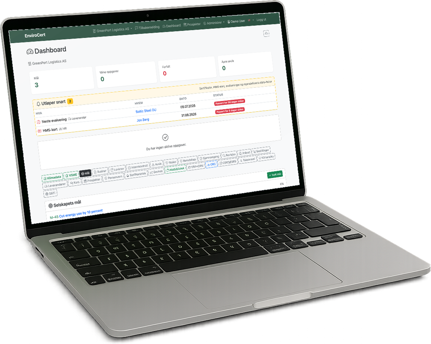 The EnviroCert platform: the dashboard with goals, tasks, deviations and what expires soon